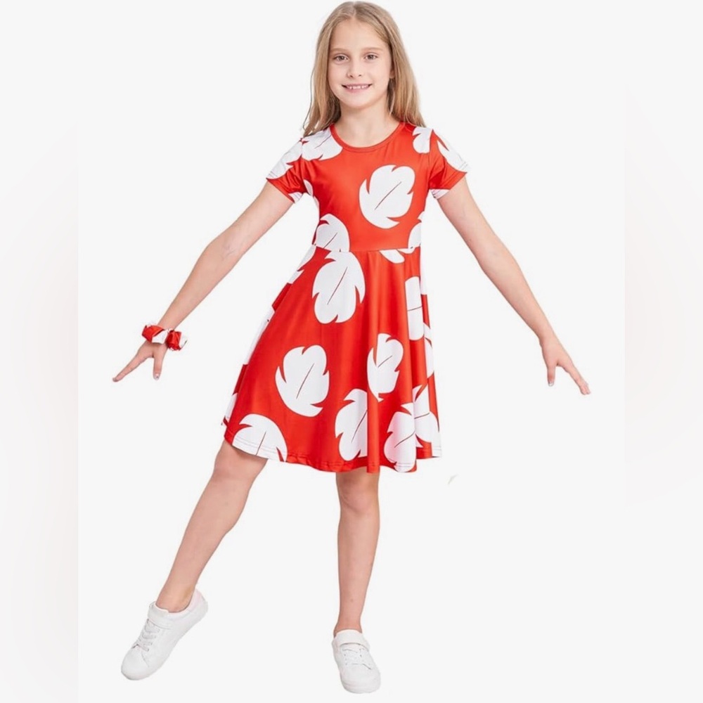 386 NIB Auggle Girls Red‎ Princess Hawaiian Summer Red Leaf Dress - 5-6 Years